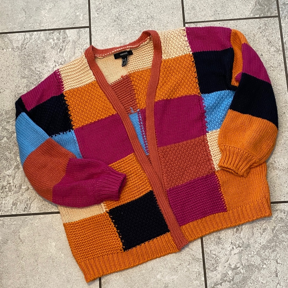 Forever 21 Pink and Cream Patchwork Cardigan Knit Sweater
